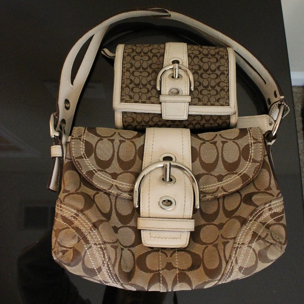 Coach canvas brown and white purse w. wallet